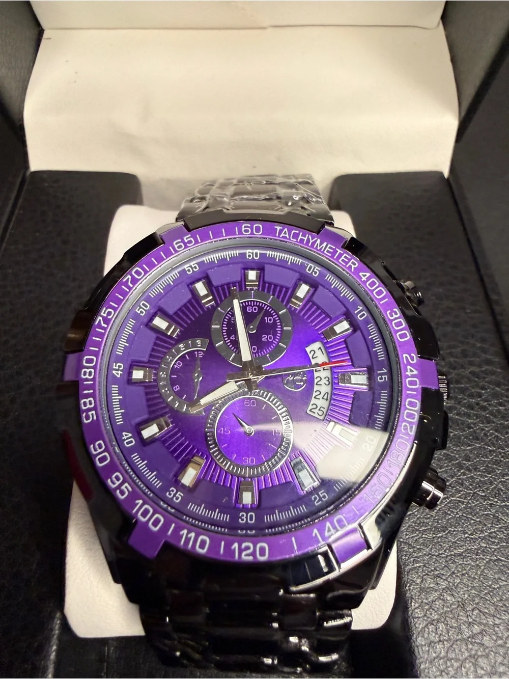 AJ Chronograph Watch- Purple with Stainless Steel Size 12 Men’s Ring